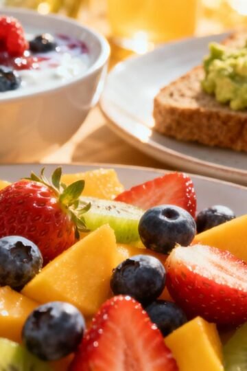 Healthy low-calorie breakfast items with fresh fruits and yogurt.