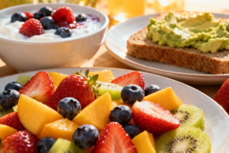 Healthy low-calorie breakfast items with fresh fruits and yogurt.