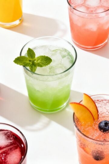 Colorful non-alcoholic party drinks with fruit garnishes.