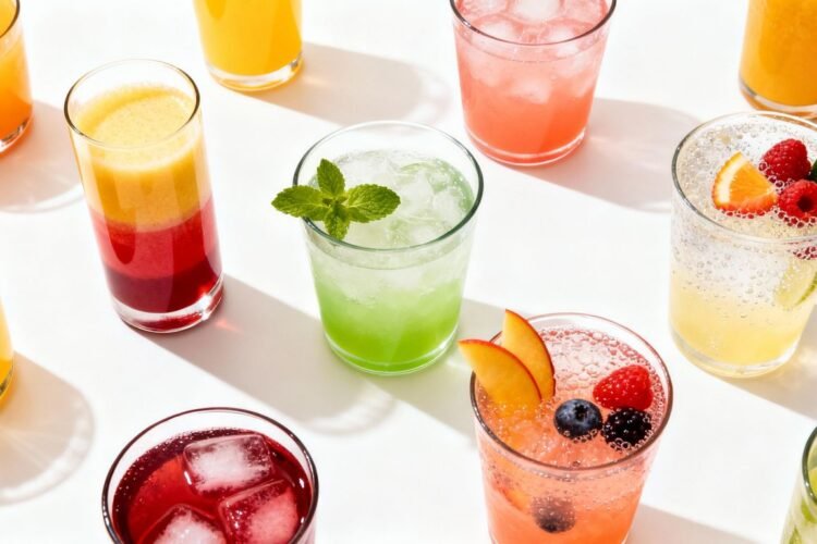 Colorful non-alcoholic party drinks with fruit garnishes.