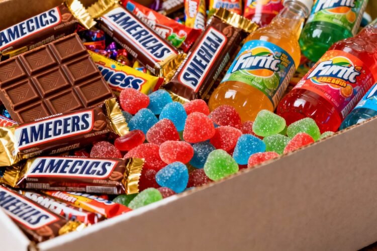 Box of American sweets and drinks