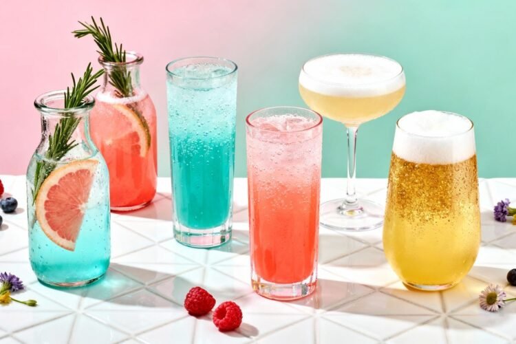 Assortment of colorful non-alcoholic drinks for 2025.