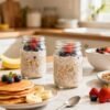 Assorted healthy oat breakfasts with fruit on kitchen table