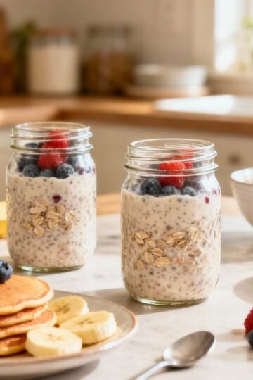 Assorted healthy oat breakfasts with fruit on kitchen table