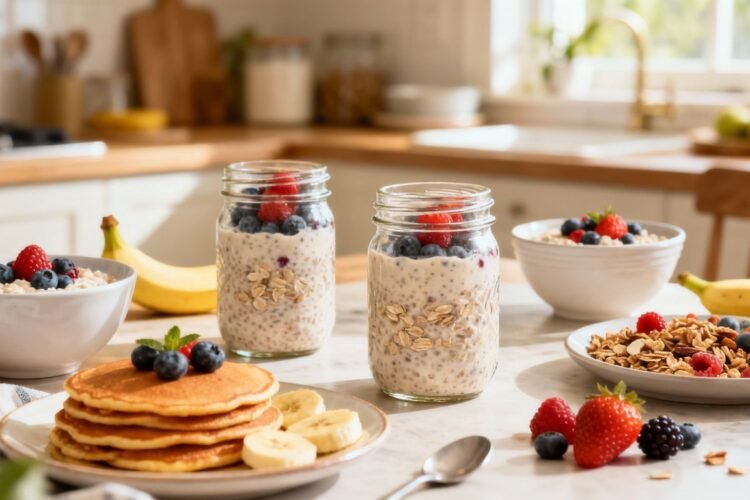Assorted healthy oat breakfasts with fruit on kitchen table