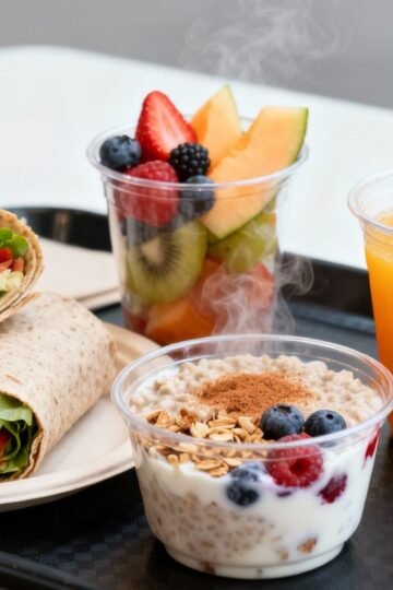 Healthy fast food breakfast tray with fruits and wraps
