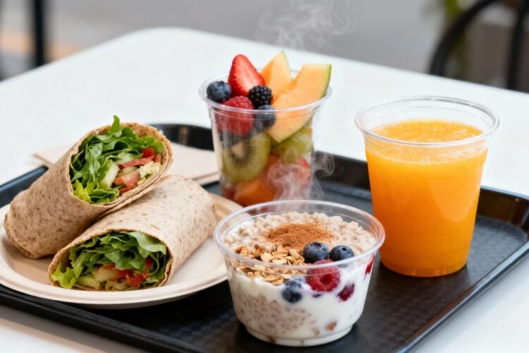 Healthy fast food breakfast tray with fruits and wraps