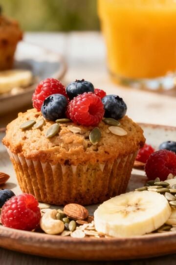 Healthy homemade muffins with fruit and nuts on table
