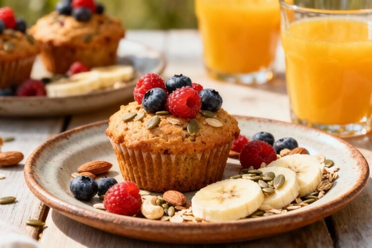 Healthy homemade muffins with fruit and nuts on table
