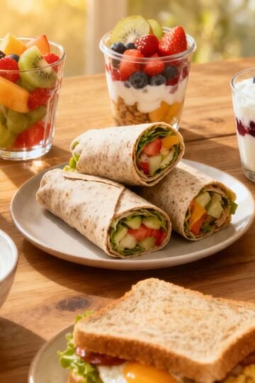 Healthy breakfast fast food items on a table