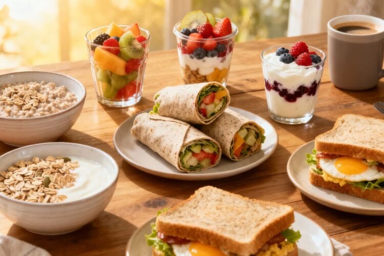Healthy breakfast fast food items on a table