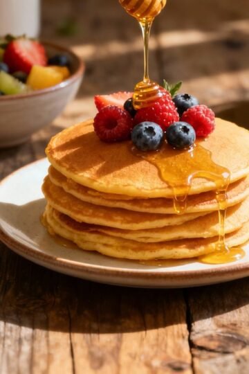 Stack of pancakes with berries and honey for breakfast.