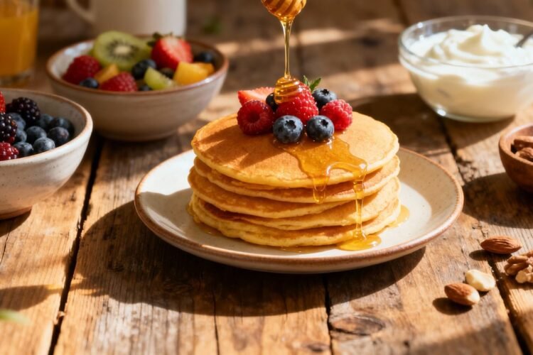 Stack of pancakes with berries and honey for breakfast.