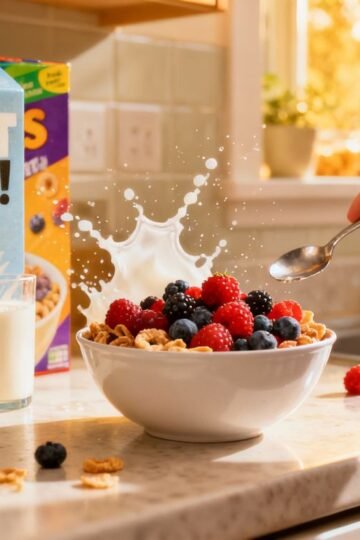Healthy cereal breakfast with berries and milk.