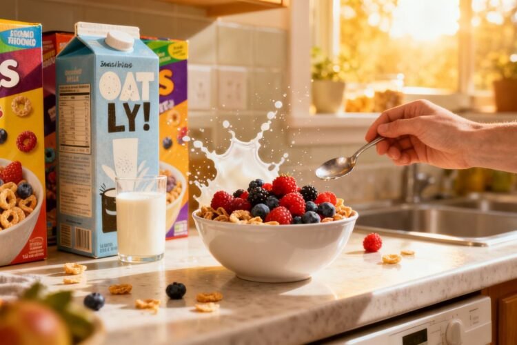 Healthy cereal breakfast with berries and milk.