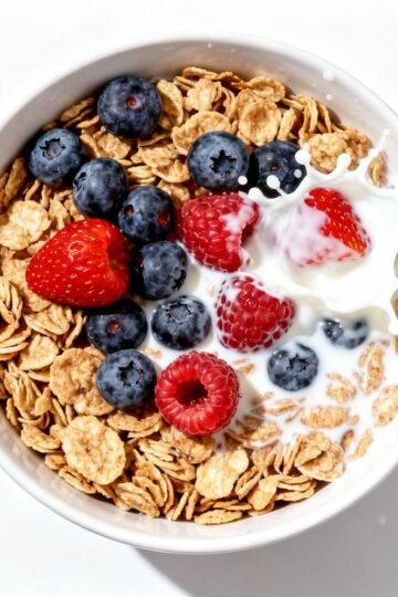 Bowl of heart-healthy cereal with berries and milk.