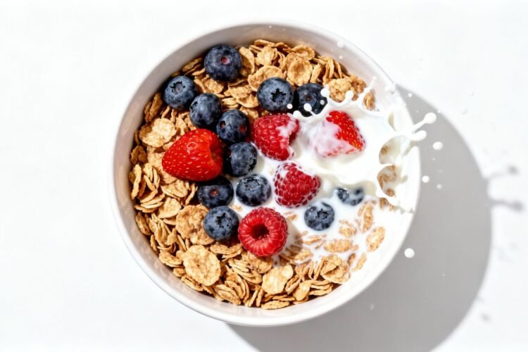 Bowl of heart-healthy cereal with berries and milk.