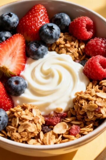 Healthy breakfast bowl with berries and granola.