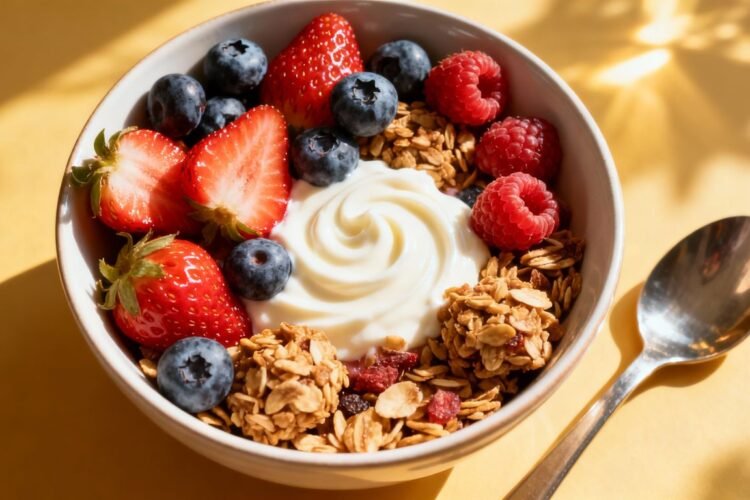 Healthy breakfast bowl with berries and granola.