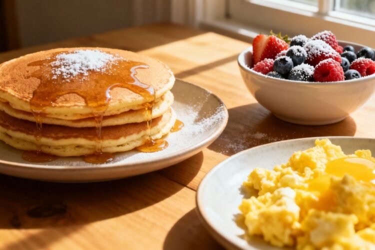 Holiday Inn Express breakfast spread with pancakes and fruit.