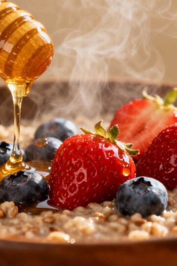 Bowl of buckwheat groats porridge with berries and honey.