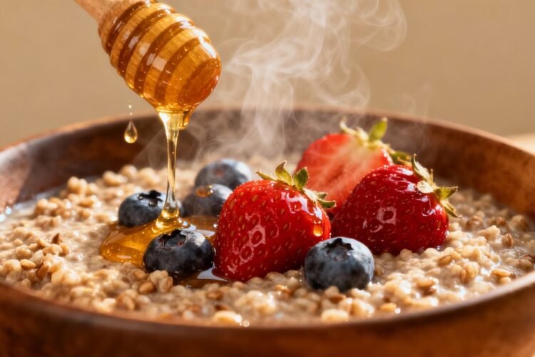 Bowl of buckwheat groats porridge with berries and honey.