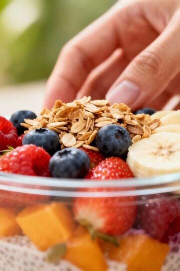 Healthy breakfast bowl with fruit and granola