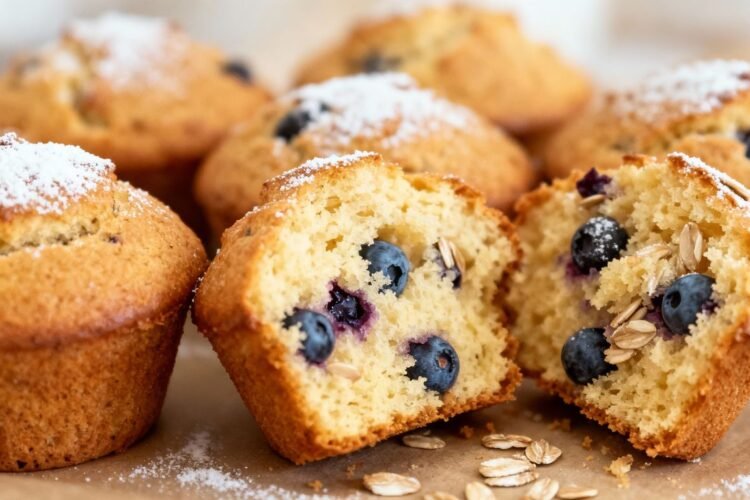 Healthy breakfast muffins with blueberries and oats.