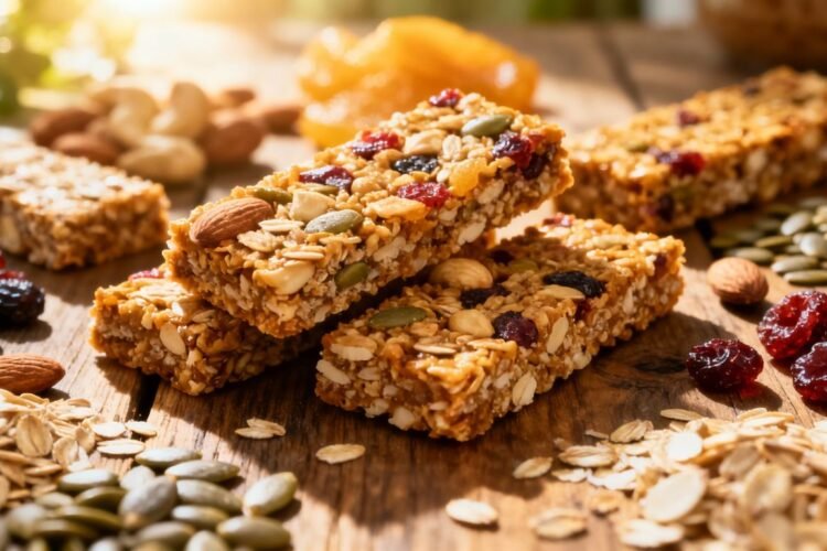 Healthy homemade breakfast bars with fresh ingredients.
