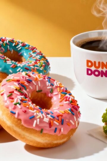 Dunkin' Donuts breakfast spread with coffee and donuts.