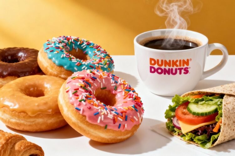 Dunkin' Donuts breakfast spread with coffee and donuts.