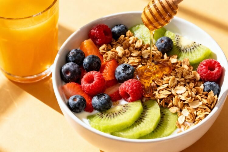 Healthy breakfast bowl with fruits and granola