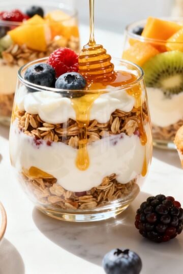 Healthy McDonald's breakfast options: fruit, yogurt, muffins.