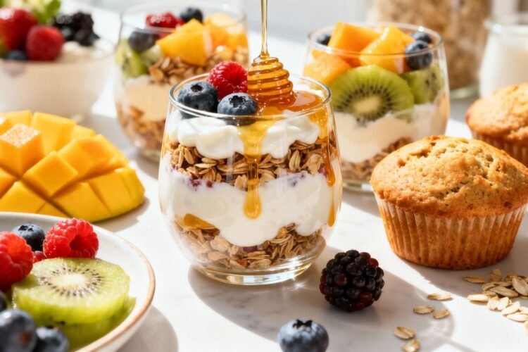 Healthy McDonald's breakfast options: fruit, yogurt, muffins.