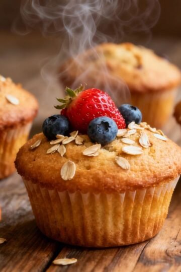 Healthy breakfast muffins with berries on a wooden surface.