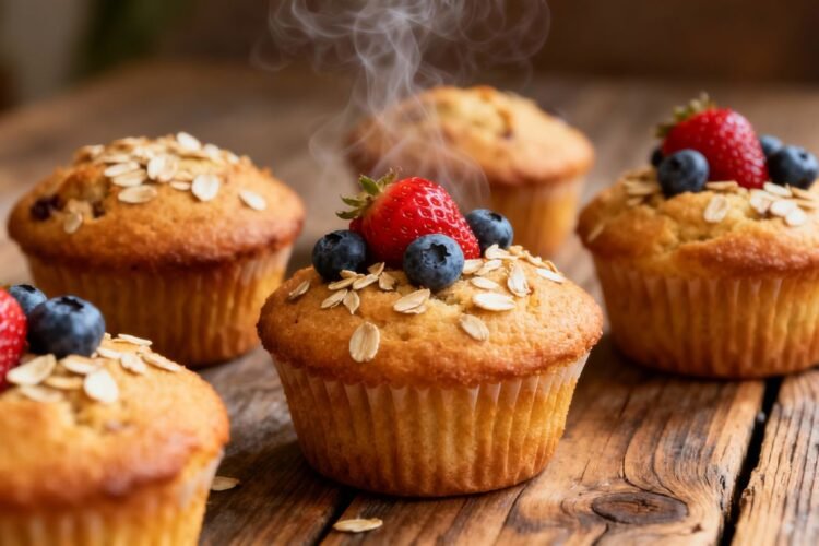Healthy breakfast muffins with berries on a wooden surface.