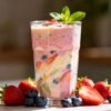 Healthy breakfast smoothie with fresh fruits and mint.