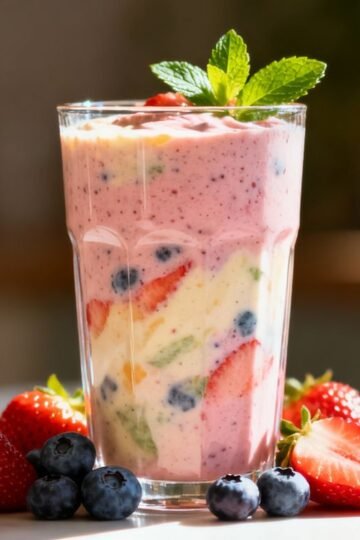 Healthy breakfast smoothie with fresh fruits and mint.