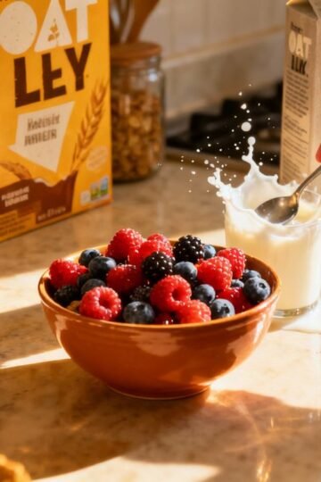 Healthy cereal breakfast with berries and milk.