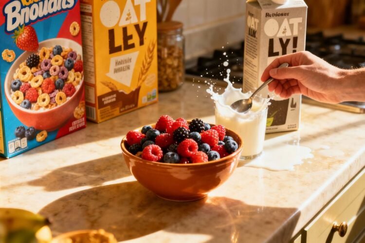Healthy cereal breakfast with berries and milk.