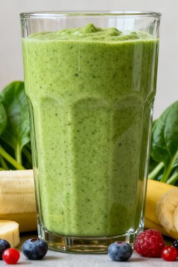 Healthy green smoothie with banana and berries.