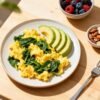Healthy low carb breakfast foods with eggs and avocado
