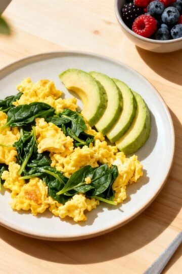 Healthy low carb breakfast foods with eggs and avocado