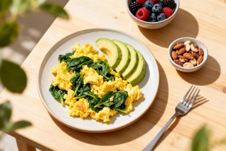 Healthy low carb breakfast foods with eggs and avocado
