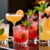 Colorful non-alcoholic cocktails on a bar counter.