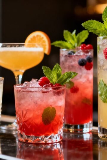 Colorful non-alcoholic cocktails on a bar counter.
