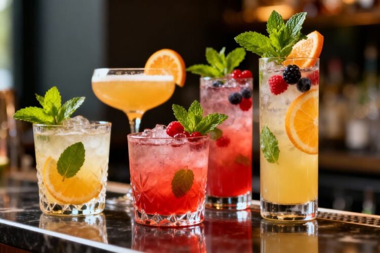 Colorful non-alcoholic cocktails on a bar counter.