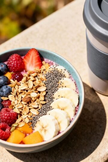 Healthy breakfast bowl and travel mug for on-the-go.
