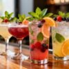 Colorful non-alcoholic cocktails with fresh garnishes on a bar.