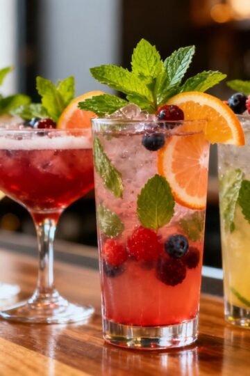 Colorful non-alcoholic cocktails with fresh garnishes on a bar.